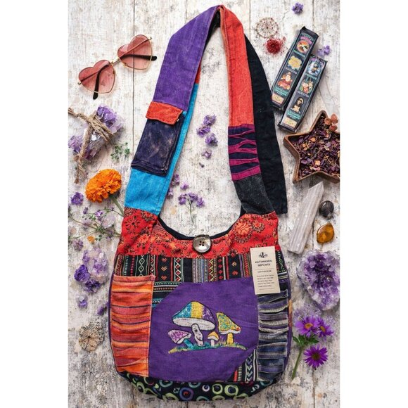 Kathmandu Imports Handbags - Kathmandu Patchwork Crossbody Bag Handmade Himalayan Boho Mushroom Hippie NWT